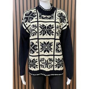 Marisa Christina‎ Women's Black Sweater L Knit Nordic Fair Isle Holiday